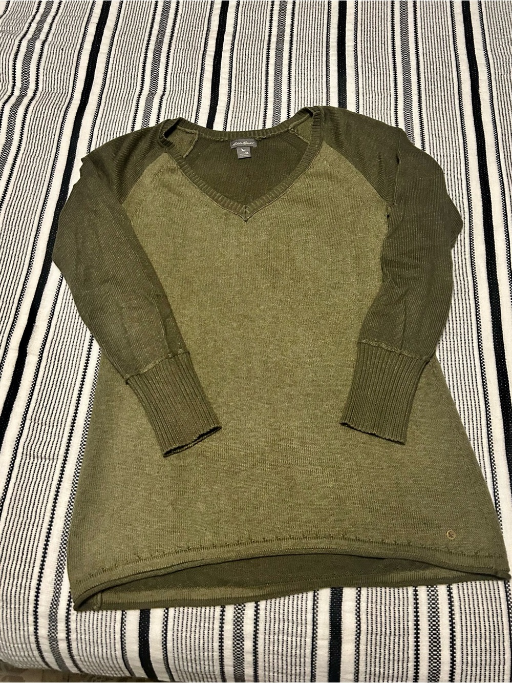 Eddie Bauer Olive Green V-Neck Raglan Sweater